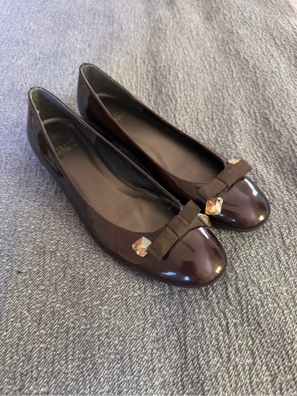 Stuart Weitzman Dark Brown Patent Bow Flats with Crystal Accent